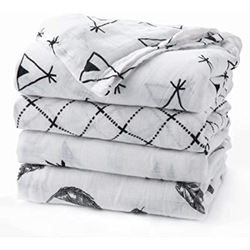 upsimples Baby Swaddle Blanket Unisex Swaddle Wrap Soft Silky Bamboo Muslin Swaddle Blankets Neutral Receiving Blanket for Boys and Girls, Large 47 x 47 inches, Set of 4-Arrow/Feather/Tent/Crisscross