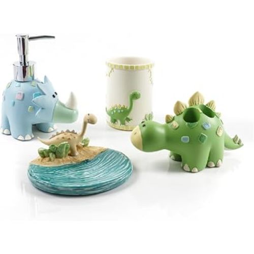 Wendin Cartoon Series Bath Accessory Set, Soap Dispenser Pump, Toothbrush Holder, Tumbler, Soap Dish Resin Art Color Decoration (Dinosaur 4 Pieces)