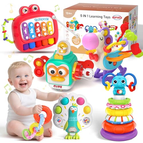 usrela 5 in 1 Baby Toy for 9 12 18 Month, Learning Toys for Babies 6-12 Months, Baby Busy Cube, Stacking&Sensory, Pull String&Piano Xylophone Toy, Birthday Gift for 7 8 9 Month