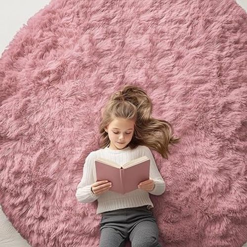 OLANLY Pale Pink Round Rugs for Bedroom - Machine Washable, 6 ft Circle Area Rugs for Living Room, Soft and Fluffy Shaggy Carpet for Teen Girls and Boys, Nursery Rooms, Dorms, Home Decor Aesthetic