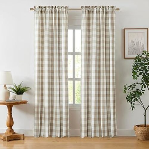 Beige Buffalo Plaid Check Curtain Panels 84 Inch Length,Tan Buffalo Gingham Rustic Farmhouse Style Rod Pocket Window Drapes Treatment for Bedroom Living Room,2 Panels,40" Wx84 L,Beige/White