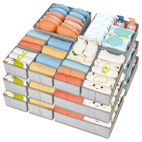 DIMJ Drawer Organizer Clothes 15 Pack - Foldable Baby Organizers and Storage & Dresser Organizer for Bedroom, Closet - Nursery Organization Dresser Dividers for underwear Sock Bra Belt Tie, Gray