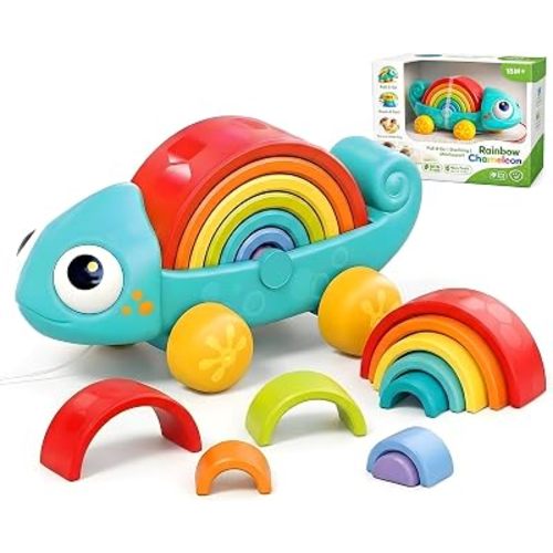Rainbow Stacker & Chameleon Pull Along Toy for Toddlers 18-36 Months