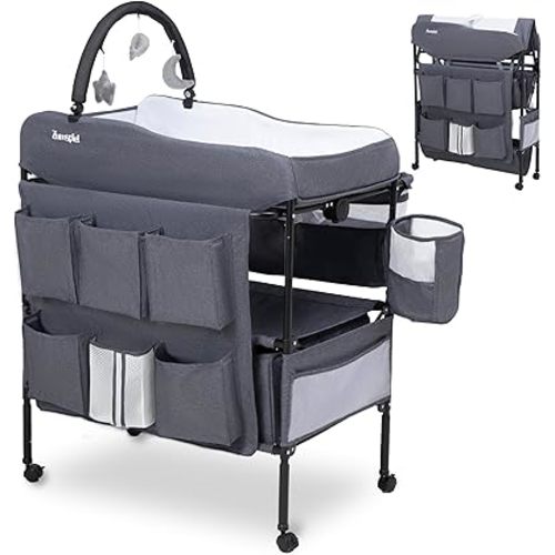 Baby Changing Table, Versatile Portable Folding Changing Table, Waterproof Diaper Changing Station with Waste Basket, Adjustable Height with 2 Drawers, Baby Changing Station