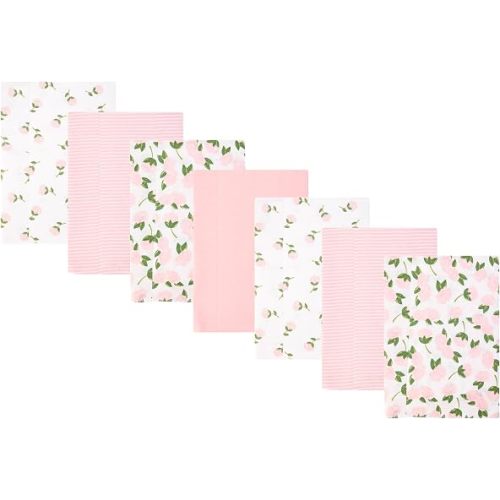 Hudson Baby Infant Girls Cotton Flannel Burp Cloths 7-Pack, Pink Peony, One Size
