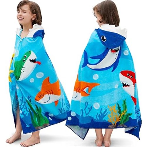 Joiedomi Shark Hooded Towels for Kids Soft 100% Cotton Kids Beach Towel 30" x 50" for 3-10 Years Boy Girl Beach Hooded Poncho Absorbent Pool Toddler Swim Bath Wrap