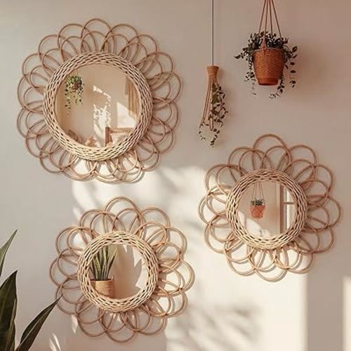 Vercraft 3 Pack Boho Rattan Mirror Wall Hanging Decor, 15.7" & 11.8" Sunflower Round Woven Decorative Circle Mirrors, Hanging Art Decor for Farmhouse Bedroom Living Room Bathroom Gallery Wall