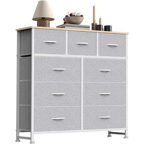 Sweetcrispy 9 Drawer Fabric Dresser Storage Tower with Wood Top and Steel Frame, Organizer Chest with Easy Pull Handles for Bedroom, Closet, Hallway,Light Gray