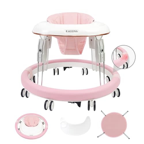Uuoeebb Baby Walker with Wheels, Anti-Collision Design One-Touch Folding Baby Walker, Anti-Roll 8-Wheel Round Chassis, 7-Gear Height Adjustable, with Large Dinner Plate for Baby from 6-18M, Pink