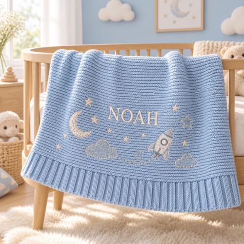 Personalized Knit Baby Blanket Custom Embroidered Name Celestial Rocket Space Baby Boy Gift