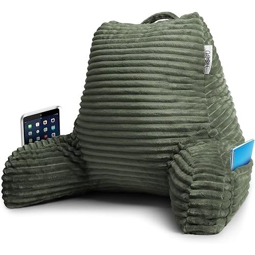 Nestl Reading Pillow with Shredded Memory Foam, Luxe Cut Plush Back Pillow for Sitting Up in Bed, Back and Arms Adjustable Support for Adult & Teens, Backrest Pillows with Washable Cover Olive Green