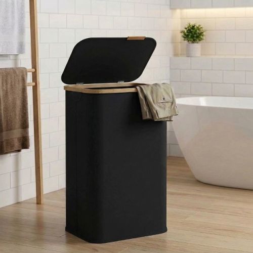 SONGMICS Laundry Hamper, Laundry Basket with Lid, Foldable Storage Basket, Bamboo Frame, Oxford Fabric, 26.4 Gal. (100 L), Ink Black