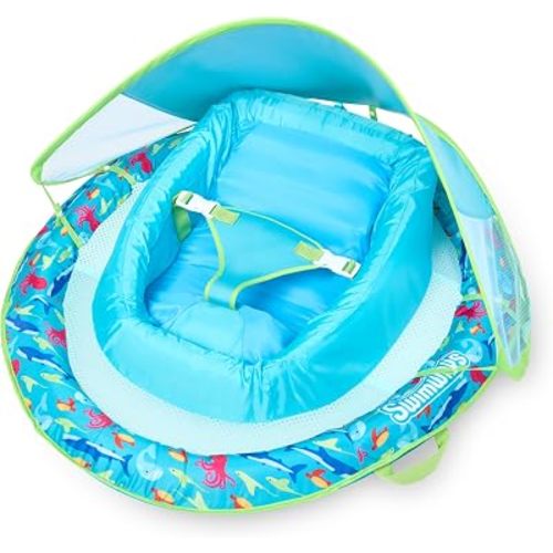 SwimWays Infant Spring Float, Baby Pool Float with Canopy & UPF Protection, Swim Training PFD, Swimming Pool Accessories for Babies 3-9 Months