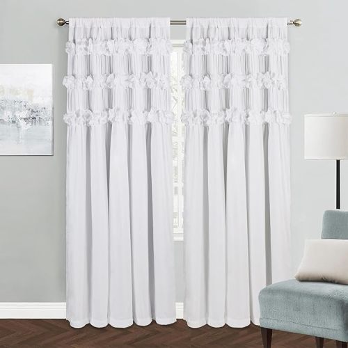 White Blackout Drapes - Handmade Ruffles & Butterfly Flower Accents Heat Blocking Window Curtain 54" x 84" x 2 Panels - Thermal Insulated, Soundproof & Light Reducing Curtains (LQ-37)