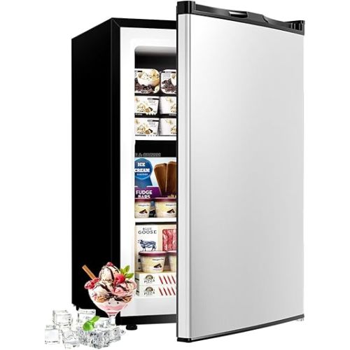 3.0 Cu.ft Upright freezer - Compact Mini Freezer with 7 Adjustable Thermostat, Removable Shelves, Reversible Single Door, 360°Uniform Cooling Small freezer for Home Office Dorm, Silver