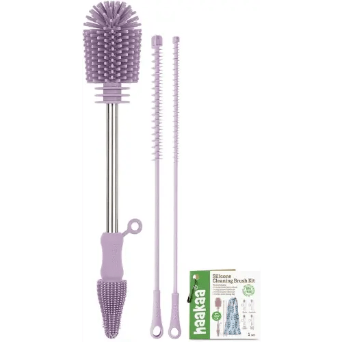 haakaa Silicone Cleaning Brush Kit - Baby Bottle Brush Cleaner for Breast Pump,Nipple,Breast Milk Storage Bag,Reusable Straw,Sippy Cup - Food Grade Silicone Bristles, Portable - 3 Pcs - Lavender