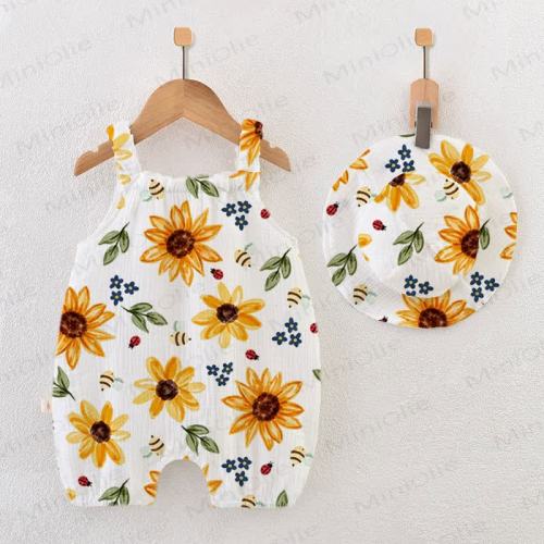 Baby Girls Sunflower Print White Jumpsuit with Hat