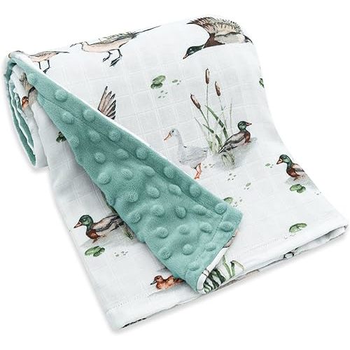 LifeTree Baby Blankets for Newborn, Soft & Lightweight Swaddle Blankets, Muslin Front and Dotted Fleece Backing Receiving Bed Blanket, 31X40 Inches, Baby Girl & Boy Blanket, Duck and Green