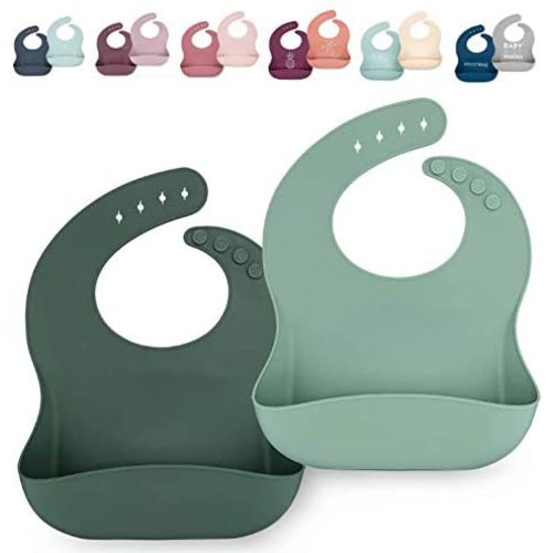 Waterproof Silicone Bib Set with Adjustable Neck Closure - Durable Silicone Bibs for Babies - Set of 2