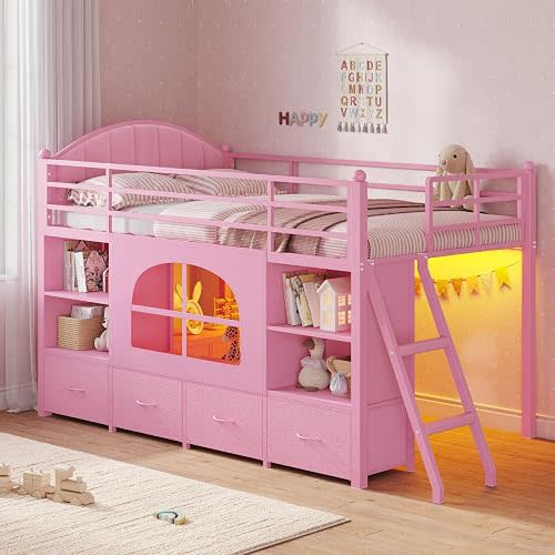 DICTAC Low Loft Bed Twin Size with 6 Storage Drawers, 4 Bookshelf & LED Lights, Kids Twin Loft Bed with Upholstered Headboard, Secret Play Space, Metal Bed Frame with Safety Guardrail & Ladder, Pink