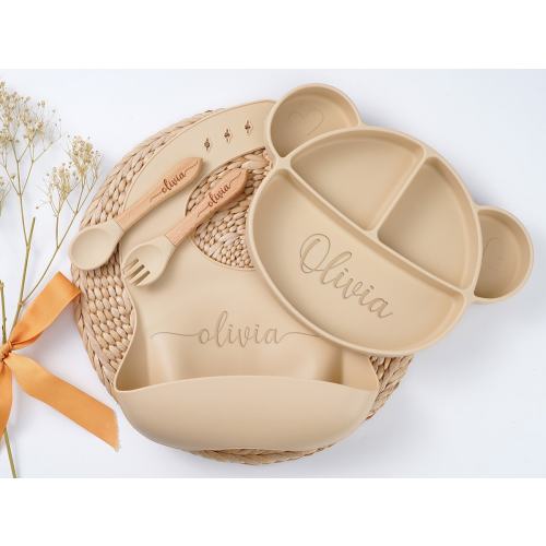 Personalised Silicone Weaning Set，Cartoon Weaning Set for Toddler Baby Kids，Feeding Set with Name，Eco-Friendly,Baby Shower Gift