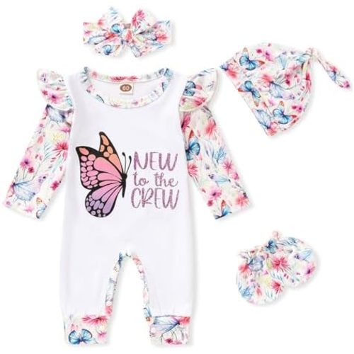 GRNSHTS Newborn Baby Girl Romper Infant Letter Print Jumpsuit Floral Bodysuit+Hat+Headband+Gloves Coming Home Clothes Outfits