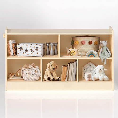 Wooden Kids Storage Cabinet, 5-Section Toddler Montessori Bookshelf, Kids Organizer for Classroom, Playroom, Kindergarten, Large Size
