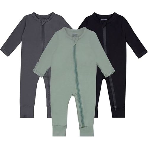 GUISBY Baby Pajamas with Mitten Cuffs - 3Pcs Girls Boys 2 Way Zipper Long Sleeve Rayon Sleepers