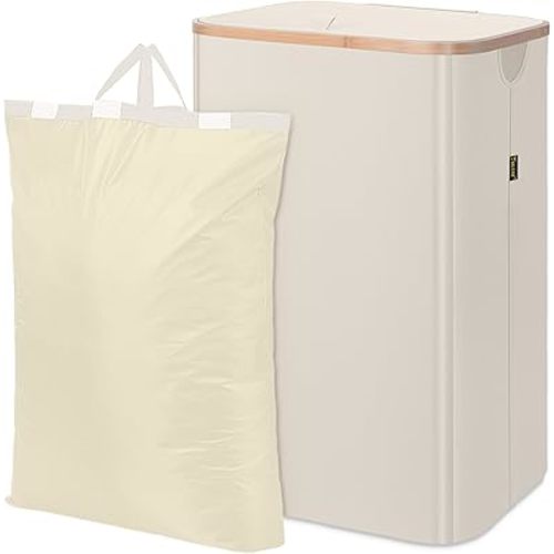 BALEINE Laundry Hamper with Lid, Tall Laundry Baskets with Bamboo Pull Handles, Large Laundry Bin with Internal Support (18 Gal/70L, Beige)