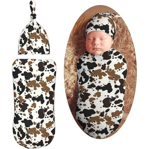 Brown Black Cow Skin Newborn Swaddle Blankets Hat Sets Soft Baby Receiving Blanket Swaddle Sack for Baby Shower Infant Boy Girl Gift