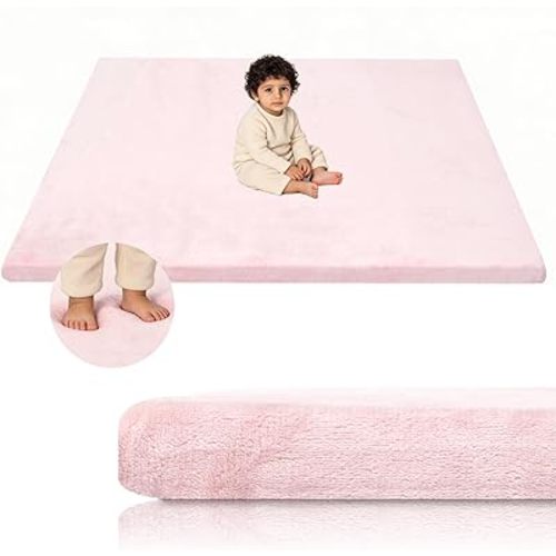 Velvet Baby Play Mat for Floor, 1.3" Thick Elasti-Foam 50"×50" Playpen Mat with Removable & Washable Velvet Cover for Toddler, Infant,Kids, Non-Slip Crawling Mat for Tummy Time (Pink)