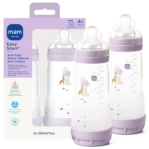 MAM 11oz Easy Start Anti-Colic+ Wide Neck Baby Bottle, Fast Flow Breastfeeding-Like Nipple, Reduces Colic Gas & Reflux, Easy to Clean, BPA Free, 4+ Months, Made in Europe, 2 Pack, Girl