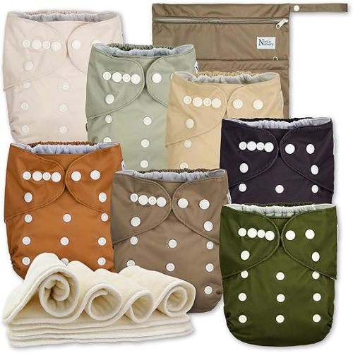 Nora's Nursery AWJ Cloth Diapers 7 Pack with 1 Wet Bag - Waterproof Cover, Washable, Reusable & One Size Adjustable Pocket Diapers for Newborns and Toddlers - Down to Earth