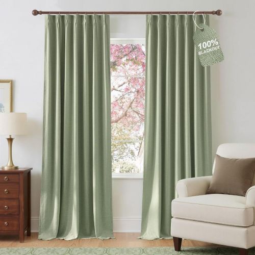 NICETOWN Sage Green Extra Long Drapes 40"W x 108"L for Cathedral Window, Light Blocking Linen Blackout Curtains Back Tab Window Treatments, 2 Panels
