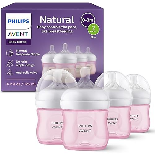 Philips Avent Natural Baby Bottles with Natural Response Nipples (Slow Flow, Flow 2), 4oz, Pink, 4-Pack, SCY900/14
