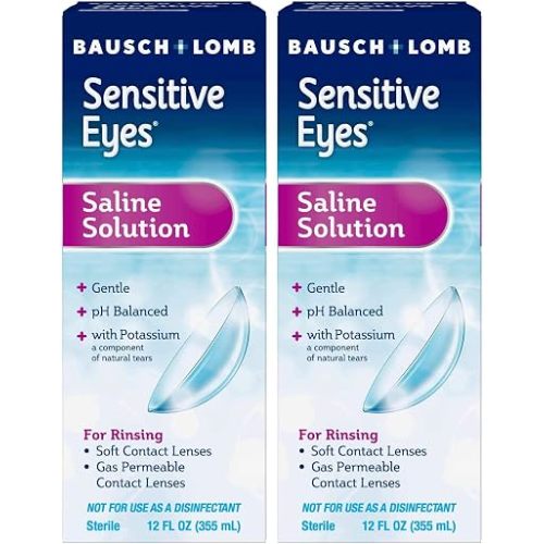 Bausch + Lomb Sensitive Eyes Saline Solution, Gentle Daily Rinse for Soft & Gas Permeable Contact Lenses, with Potassium, 12 Fl Oz, (Pack of 2)