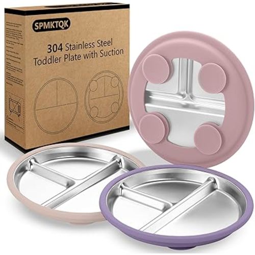 SPMKTQK 3Pack Stainless Steel Kids Plates, 8.1" Divided Kids Plate with Removable Silicone Suction Sleeves for Baby Highchairs, Non Toxic BPA Free Non-Slip Unbreakable Snack Lunch Plates