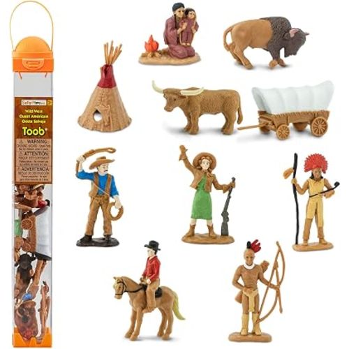 Safari Ltd. Wild West TOOB - 10 Figurines: Native Teepee, Bull, Wagon, Buffalo, Chief, Cowboy, Riding Cowboy, Saddled Horse - Educational Toy Figures For Boys, Girls & Kids Ages 3+