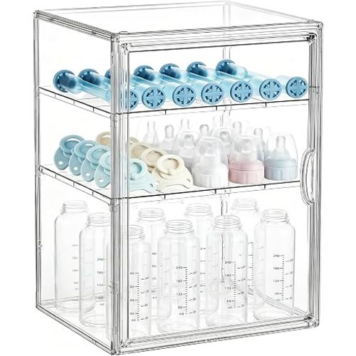 Baby Bottle Organizer – X-Large 3 Tier Adjustable Acrylic Bottle Storage Container with Magnetic Door – for Countertop, Cabinet, Kitchen, and Vanity, Gifts for New Mom