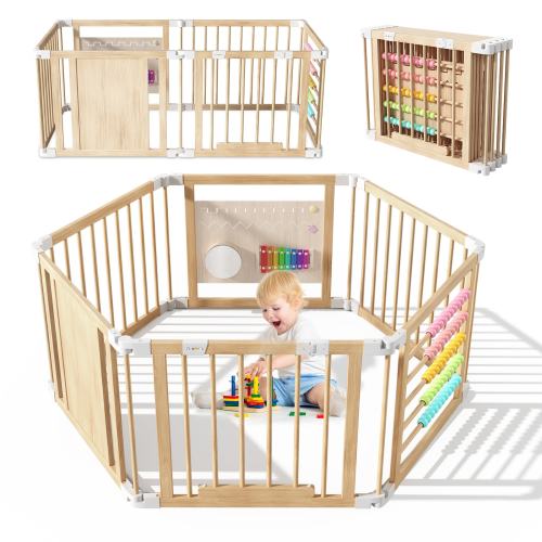 DOCRED  6 Panel Foldable Wooden Playpen Adjustable Play Yard with Gate Montessori Activity Panels and Stabilizing Baffles for Babies Toddlers S Size