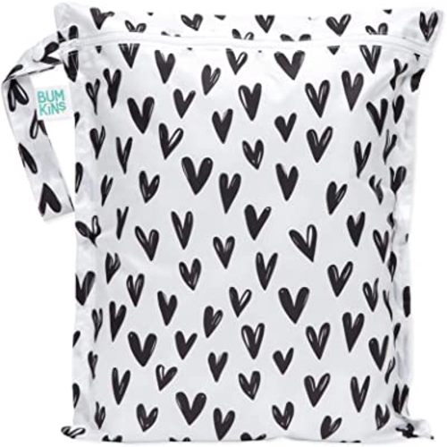 Bumkins Waterproof Wet Bag, Washable, Reusable for Travel, Beach, Pool, Stroller, Diapers, Dirty Gym Clothes, Wet Swimsuits, Toiletries, 12x14 – Black Hearts