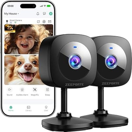 ZEEPORTE 2K Indoor Cameras for Home Security - Baby Monitor and Dog Pet Camera with Motion Detection, 2-Way Audio, Night Vision, Siren, Wired Security Camera - Works with Alexa (2-Pack)