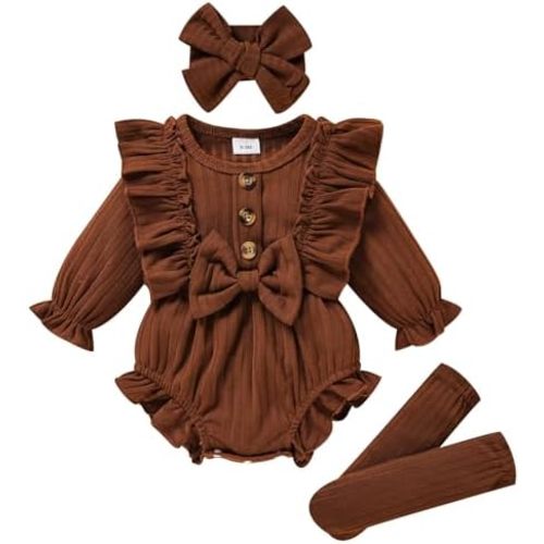 GRNSHTS Newborn Baby Girl Clothes Ruffle Solid Sweater Long Sleeve Romper+Hairband+Socks 3Pcs Fall Winter Outfits