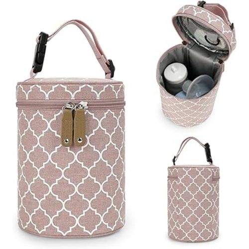 Insulated Baby Bottle Cooler Bag, Pink Moroccan Pattern, Water-Resistant Fabric, 5-Hour Temperature Control, Stroller Attachment, Portable Breastmilk Storage