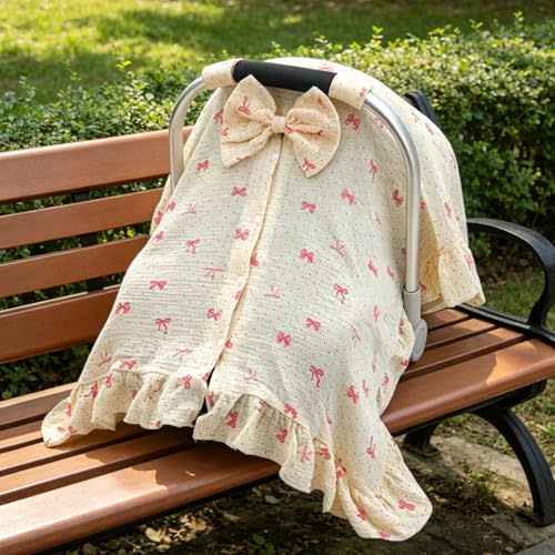 Baby Car Seat Cover for Girls,100% Muslin Cotton Breathable Infant Car Seat Canopy with Cute Bow & Elegant Ruffle, 360° Privacy Nursing Cover, Stroller Cover Protection from Sunlight Dust