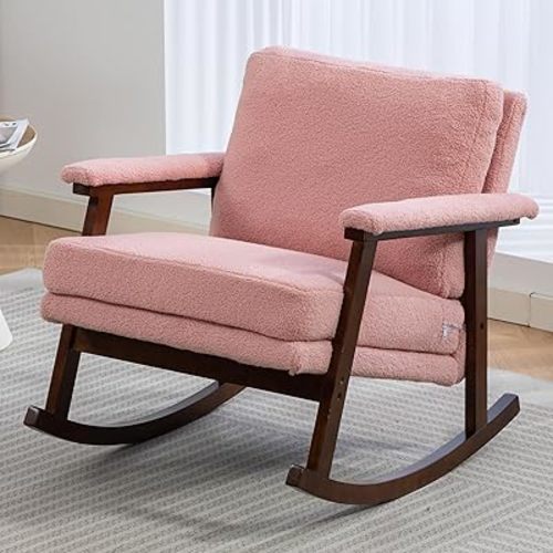 Pink Upholstered Rocking Chair with Cushion, Sherpa Rocking Accent Chair for Living Room Bedroom Nursery, Wooden Frame, 250 LBS Capacity (Light Pink)