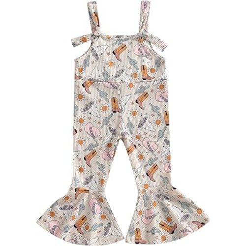 Emmababy Cow Print Toddler Bell Bottoms Romper Floral Overalls Baby Girl Sleeveless Halter Jumpsuit One Piece Western Clothes