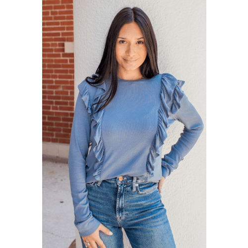 FINAL SALE Ribbed Ruffle Shoulder Nursing Top- Vintage Blue – Nursing Queen