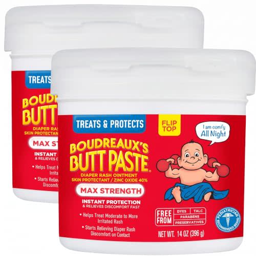 Boudreaux’s Butt Paste Max Strength Diaper Rash Cream for Baby, Ointment With Zinc Oxide, 14 oz Flip-Top Jar (Pack of 2)