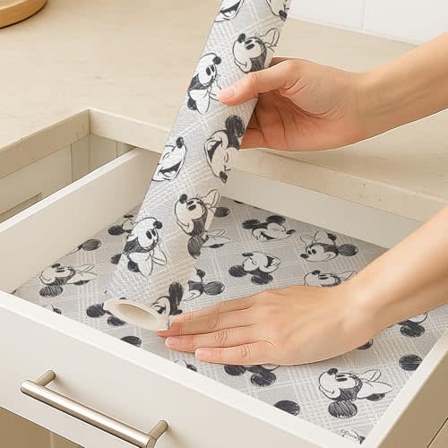 Disney Non Adhesive Shelf Liner – 18”x 10 ft Water-Resistant Drawer Liners for Kitchen Cabinets, Pantry, Fridge & Dressers – Easy Cut Cabinet Liner Roll- Mickey Mouse, Stitch & Winnie The Pooh